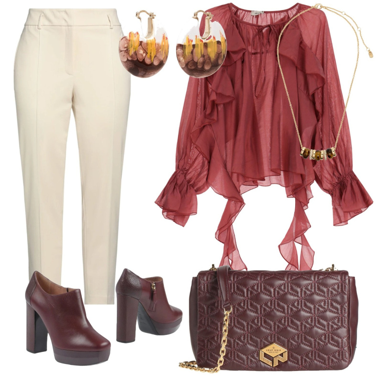 Outfit donna - Ufficio con classe. Stile Trendy per Ufficio. Abbinamento con stivaletti, borse a tracolla, orecchini, pantaloni, camicie, collane.