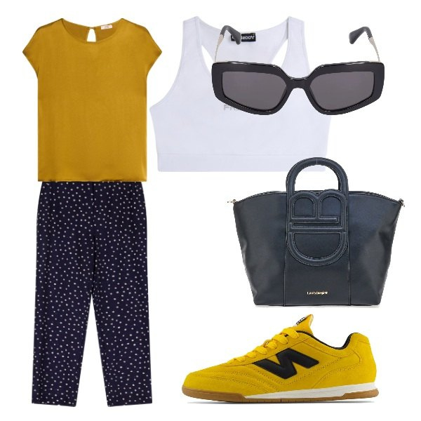 Outfit donna - caldo in citta. Stile Basic per Tutti i giorni. Abbinamento con sneakers, pantaloni, reggiseni, borse a tracolla, occhiali da sole, bluse.