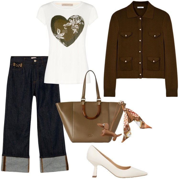 Outfit donna - Total look #2126174. Stile Boho per Tutti i giorni. Abbinamento con décolleté, t-shirt, portachiavi, shopping bag, cardigans, jeans.