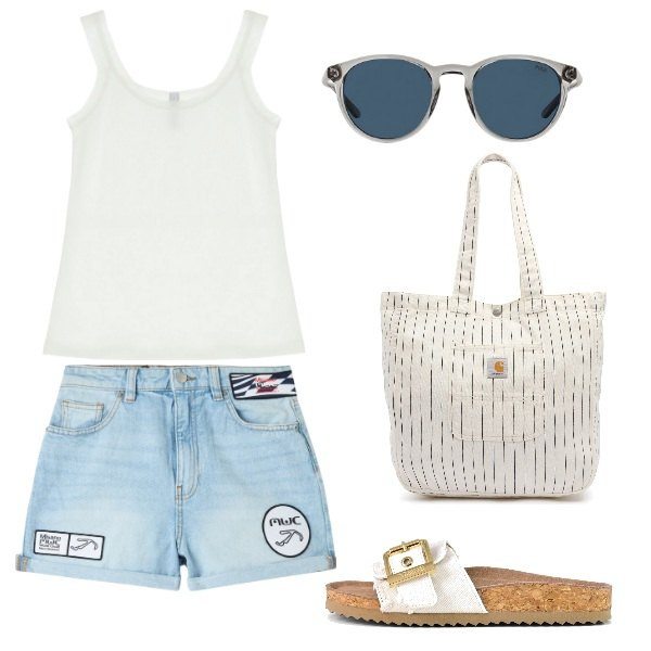 Outfit donna - in spiaggia. Stile Urban per Mare. Abbinamento con shorts, canottiere, occhiali da sole, sandali, borse tote.