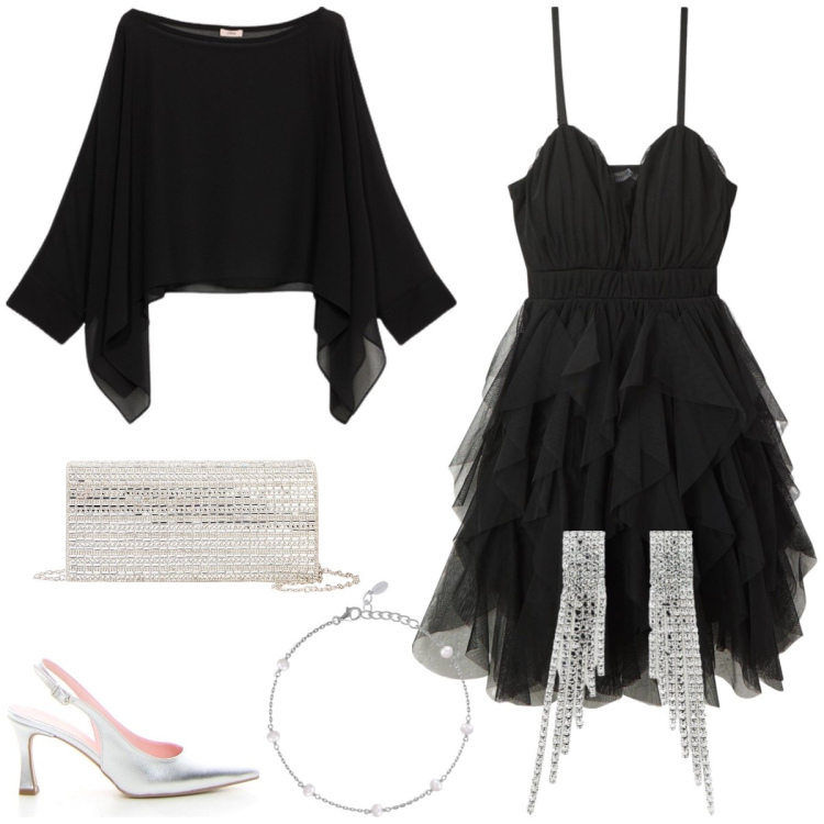 Outfit donna - Total look #2126179. Stile Sexy per Cerimonia. Abbinamento con pochette, vestiti corti, braccialetti, orecchini, bolero, décolleté.