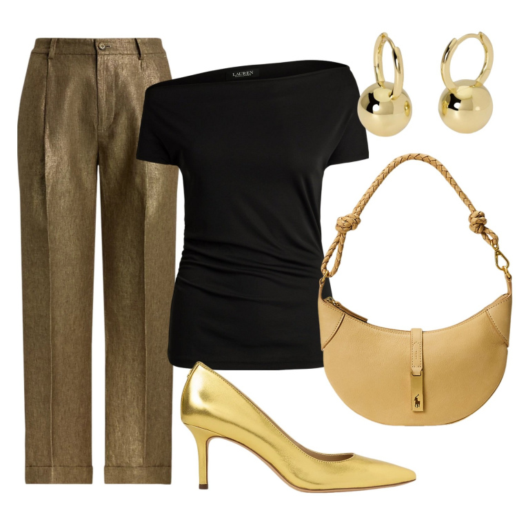 Outfit donna - Décolleté oro moderno. Stile Chic per Serata fuori. Abbinamento con orecchini, décolleté, pantaloni, maglieria, borse a spalla.