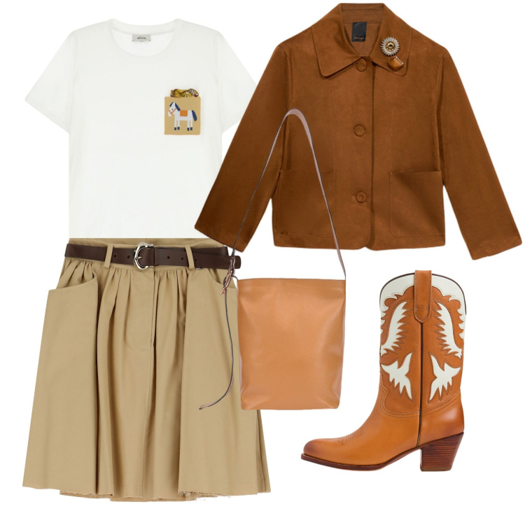Outfit donna - Stivale western. Stile Casual per Tutti i giorni. Abbinamento con minigonne, t-shirt, stivali, blazer, borse a secchiello.