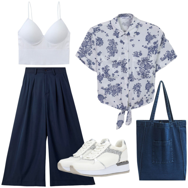 Outfit donna - Total look #2126200. Stile Casual per Tutti i giorni. Abbinamento con pantaloni, camicie, shopping bag, top, sneakers.