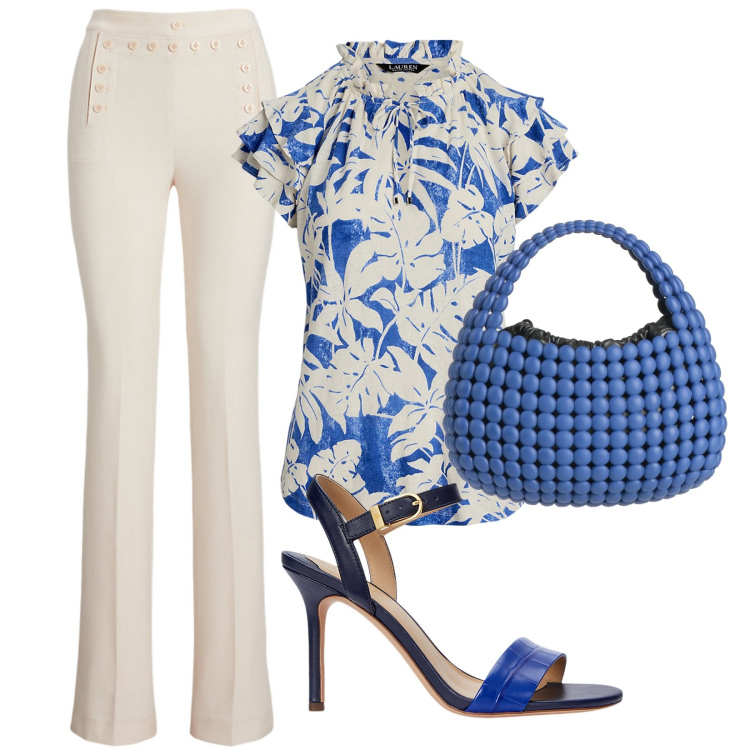 Outfit donna - Borsa particolare. Stile Casual chic per Ufficio. Abbinamento con borse a mano, top, pantaloni, sandali in pelle.
