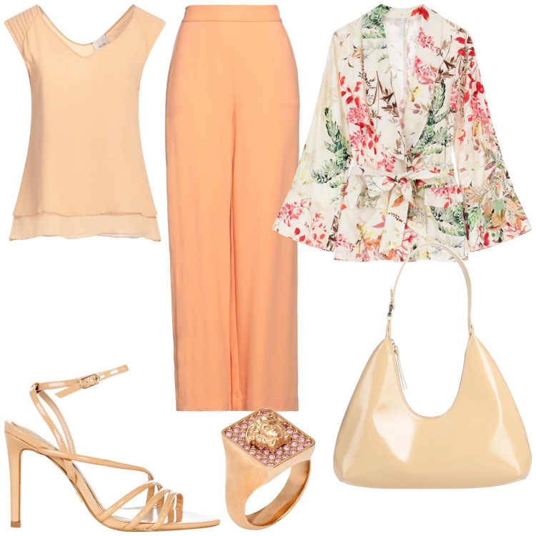 Outfit donna - Tinte pastello cipria e albicocca. Stile Chic per Cerimonia. Abbinamento con pantaloni, borse a spalla, anelli, top, sandali col tacco, blazer.