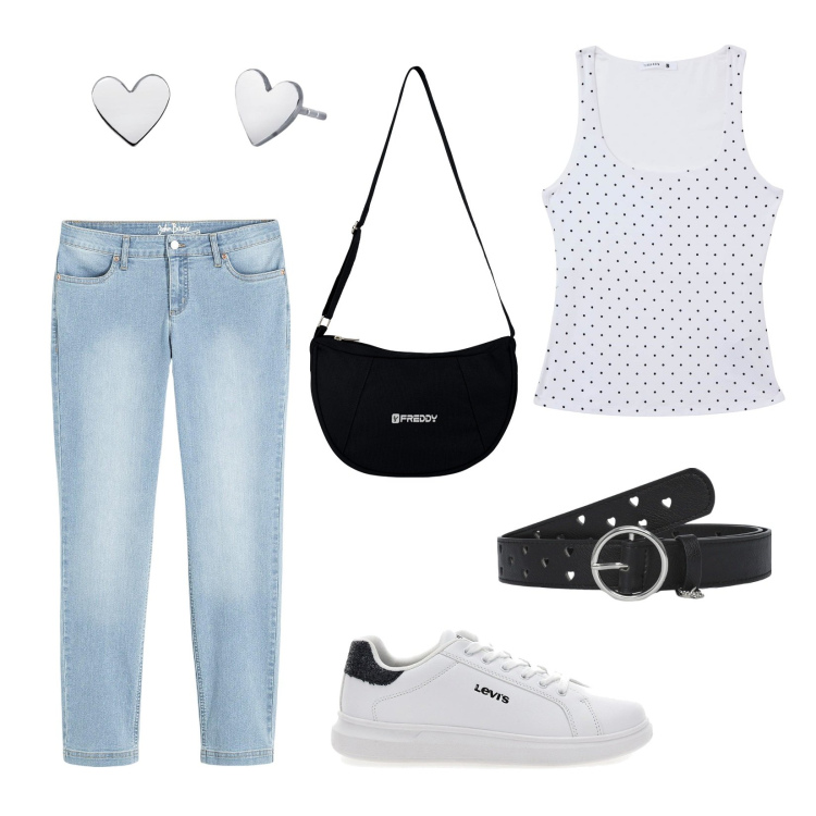Outfit donna - Semplicemente Spensierata. Stile Basic per Tutti i giorni. Abbinamento con jeans dritti, canottiere, cinture, orecchini, borse a spalla, sneakers.