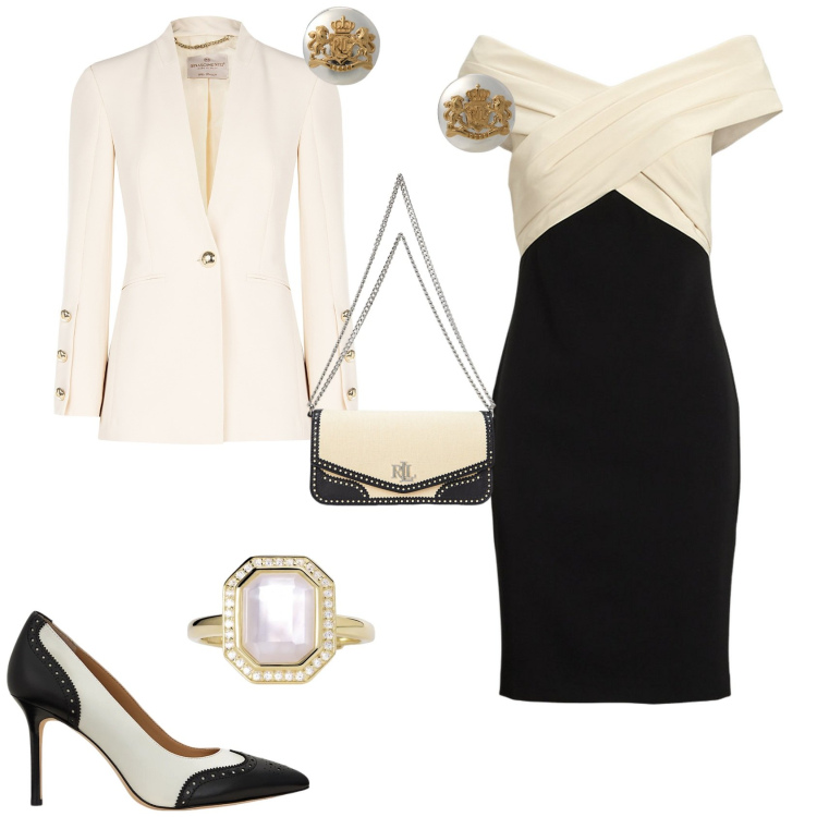 Outfit donna - Cerimonia evento serata bon ton. Stile Bon Ton per Cerimonia. Abbinamento con blazer, anelli, orecchini, décolleté, vestiti a tubino, borse a spalla.
