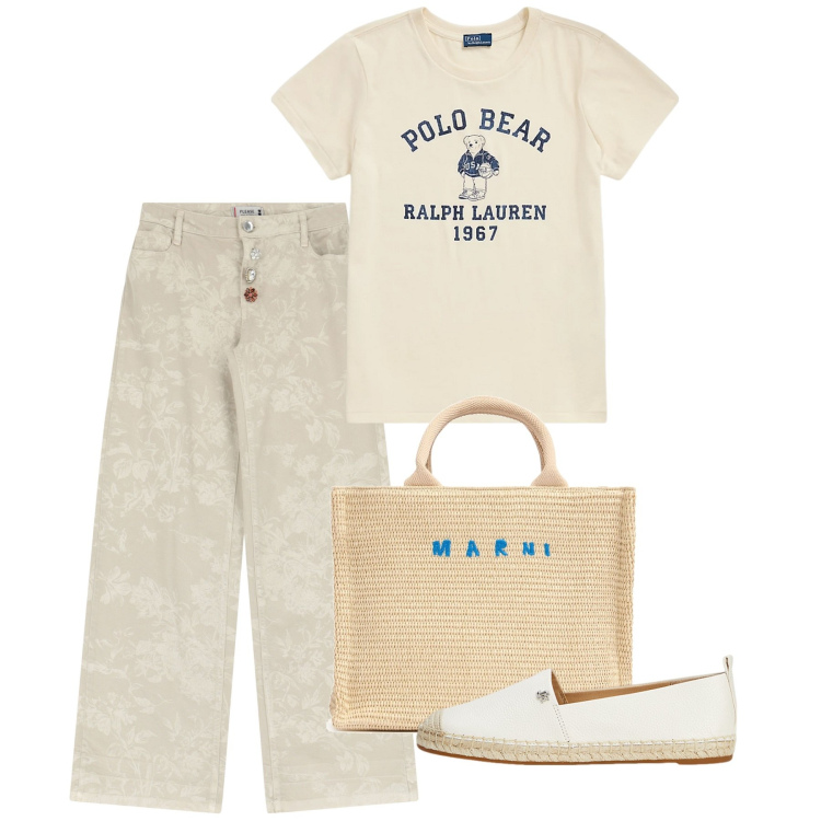 Outfit donna - Maggio. Stile Basic per Tutti i giorni. Abbinamento con pantaloni, t-shirt, espadrillas, shopping bag.