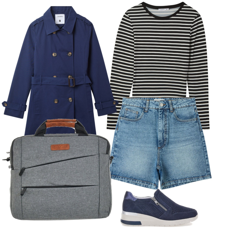 Outfit donna - Si parte in primavera. Stile Urban per Tutti i giorni. Abbinamento con bermuda, maglieria, trench, sneakers, borse a mano.