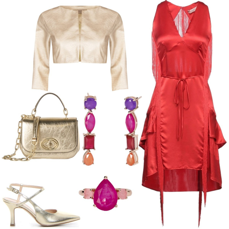Outfit donna - Total look #2126218. Stile Glamour per Cerimonia. Abbinamento con vestiti midi/longuette, orecchini, anelli, bolero, borse a tracolla, sandali col tacco.