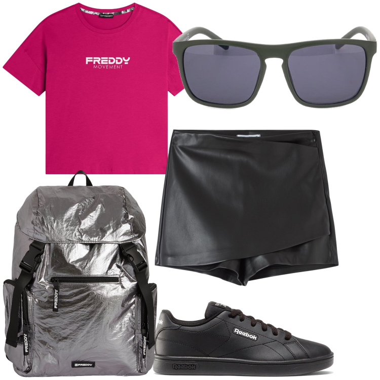 Outfit donna - Weekend. Stile Basic per Tutti i giorni. Abbinamento con gonne, t-shirt, zaini, sneakers, occhiali da sole.