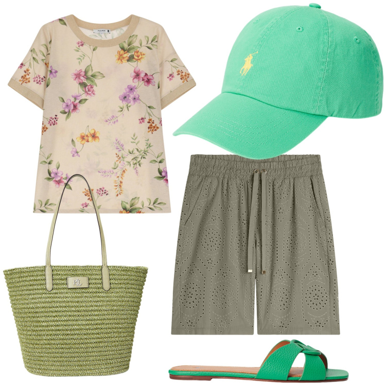 Outfit donna - Prato di stagione. Stile Casual chic per Tutti i giorni. Abbinamento con t-shirt, bermuda, cappelli, borse tote, ciabatte.