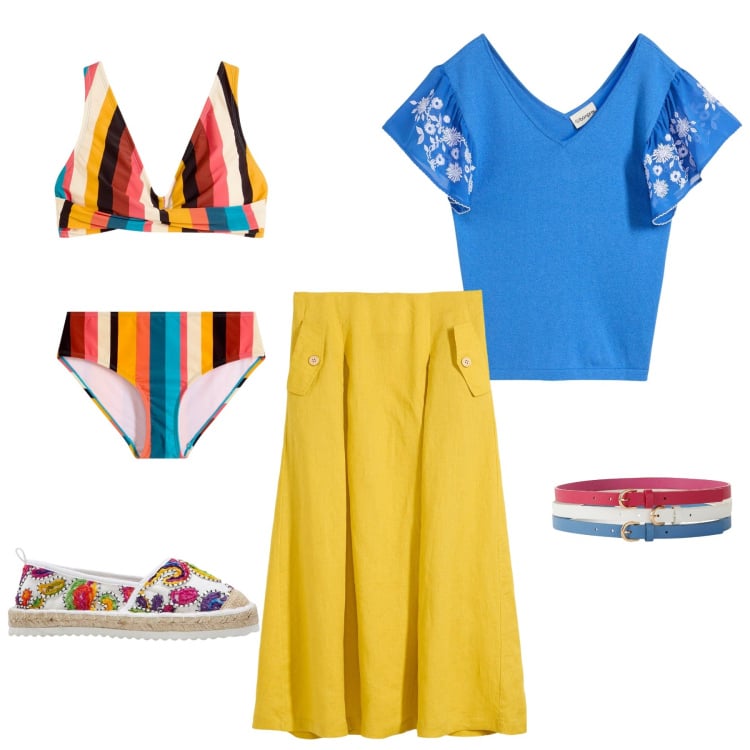 Outfit donna - Giallo. Stile Basic per Tutti i giorni. Abbinamento con bikini, espadrillas, gonne, top, cinture.