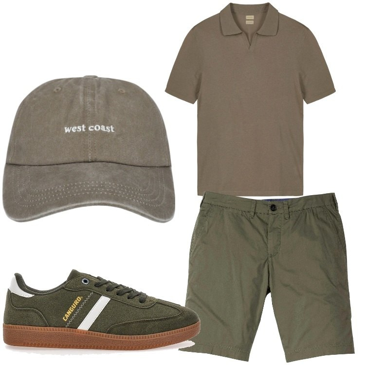 Outfit uomo - Una polo in vacanza. Stile Casual per Tutti i giorni. Abbinamento con bermuda, cappelli, sneakers, polo.