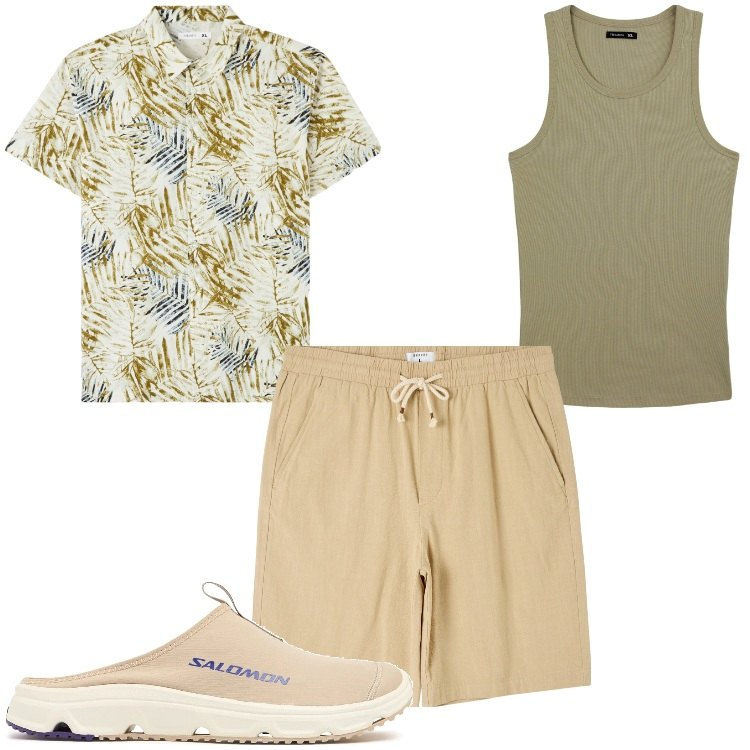 Outfit uomo - Il primo sole. Stile Casual per Tutti i giorni. Abbinamento con camicie a manica corta, shorts, canottiere, sneakers.
