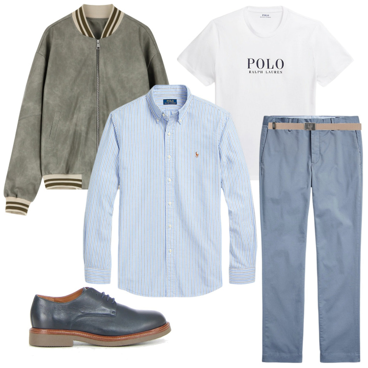 Outfit uomo - Layering di mezza stagione. Stile Casual Abbinamento con cinture, bomber, camicie, t-shirt, pantaloni chino, scarpe stringate.