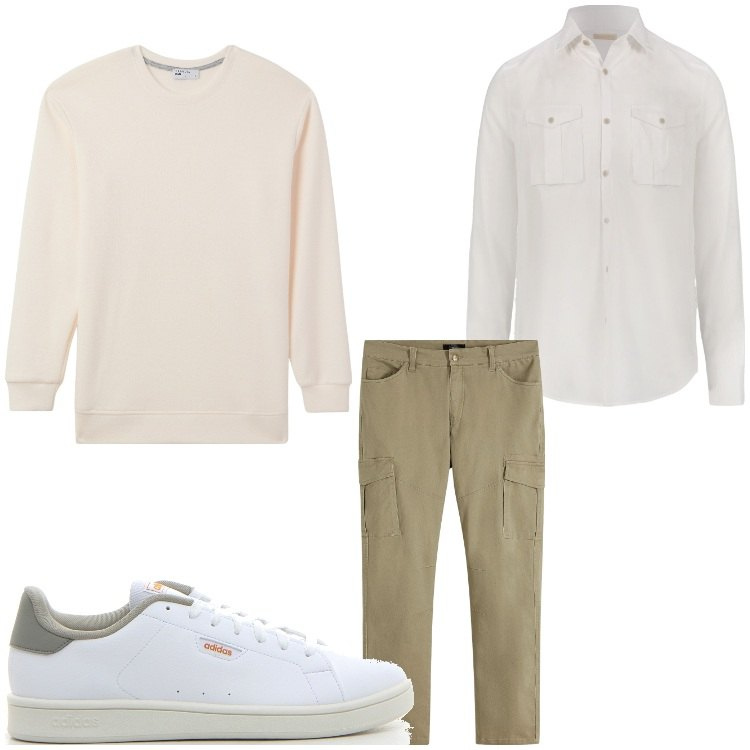 Outfit uomo - In beige. Stile Urban per Tutti i giorni. Abbinamento con pantaloni cargo, maglieria, camicie, sneakers.