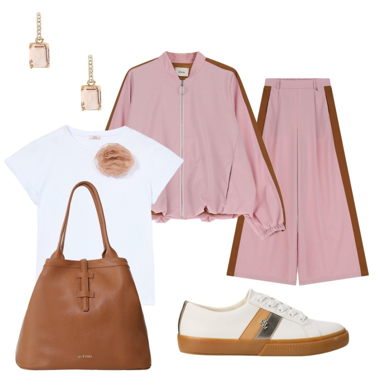 Outfit donna - Stile Athleisure tendenza fashion. Stile Sporty chic per Serata fuori. Abbinamento con borse tote, pantaloni, bomber, sneakers, orecchini, t-shirt.