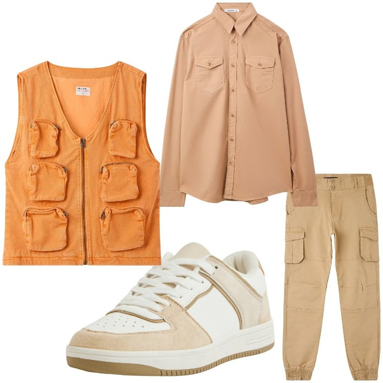 Outfit uomo - Sabbia e arancia. Stile Urban per Tutti i giorni. Abbinamento con camicie, gilet, pantaloni cargo, sneakers.