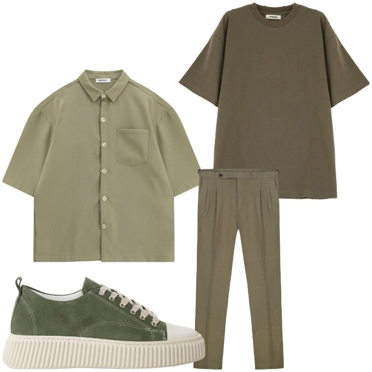 Outfit uomo - Verde su verde. Stile Casual per Tutti i giorni. Abbinamento con sneakers, t-shirt, camicie a manica corta, pantaloni.