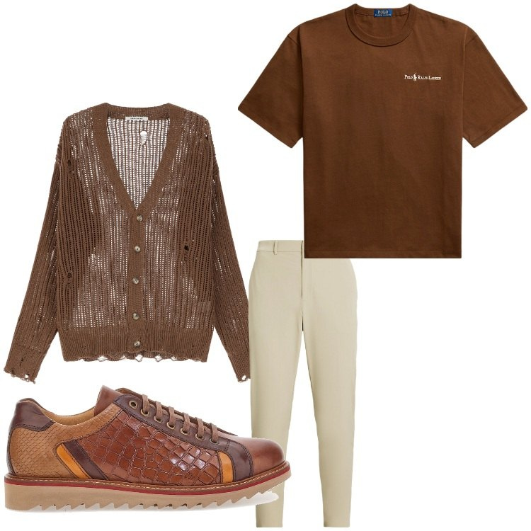 Outfit uomo - Trasparenze. Stile Casual per Tutti i giorni. Abbinamento con cardigans, t-shirt, pantaloni, scarpe stringate.