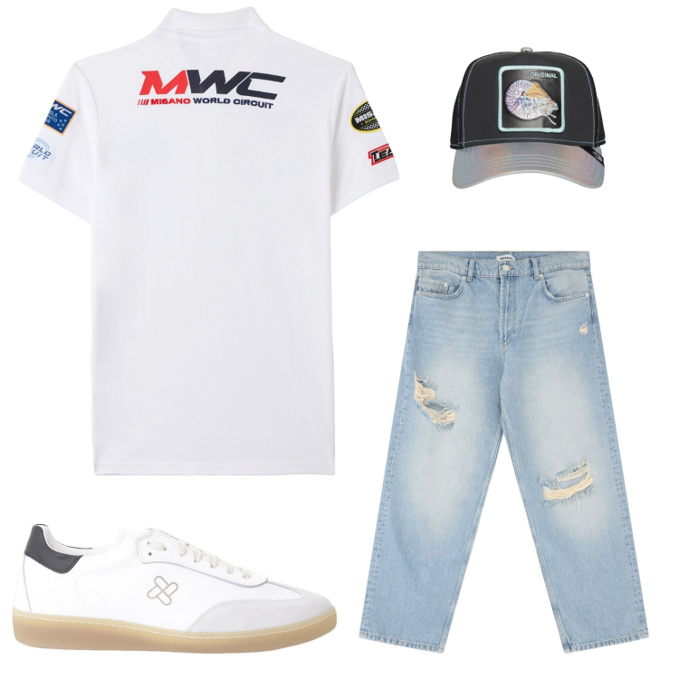 Outfit uomo - Total look #2126260. Stile Urban per Tutti i giorni. Abbinamento con polo, jeans strappati, sneakers, cappelli con visiera.