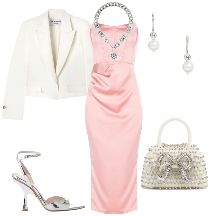 Outfit donna - Perle e dettagli. Stile Chic per Cerimonia. Abbinamento con vestiti midi/longuette, décolleté, orecchini, borse a mano, collane, blazer.