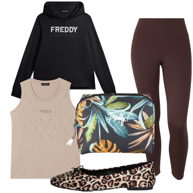 Outfit donna - Freddy look ed un tocco animalier. Stile Basic per Tutti i giorni. Abbinamento con ballerine, canottiere, valigie, felpe con cappuccio, pantaloni.