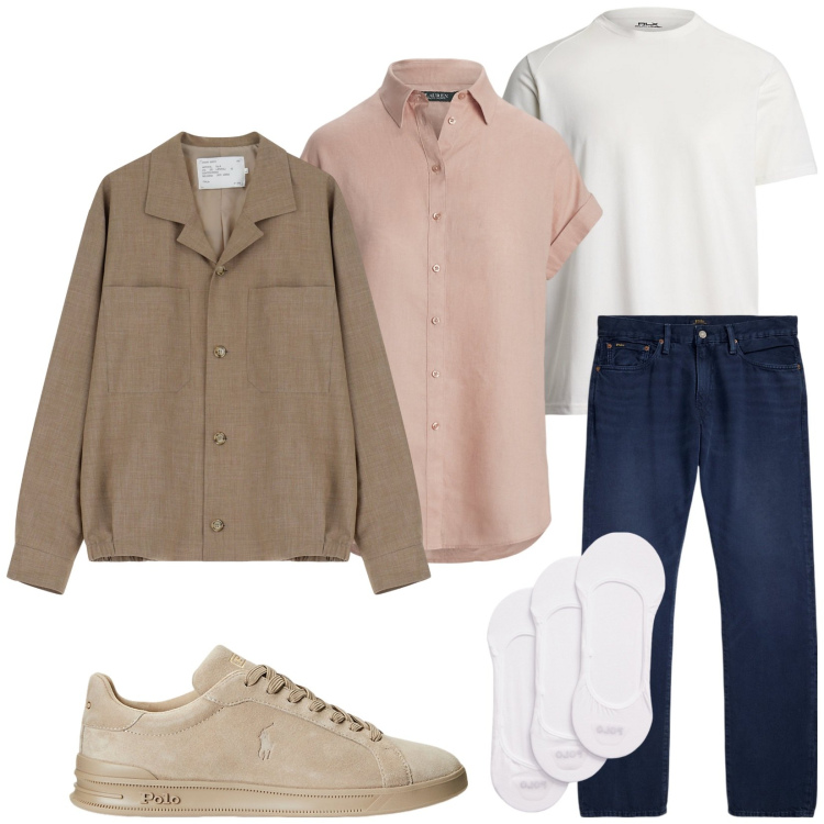Outfit uomo - Layering di maggio. Stile Casual per Tutti i giorni. Abbinamento con cappotti, sneakers, calzini, jeans dritti, camicie a manica corta, t-shirt.