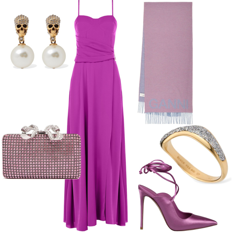 Outfit donna - Ciclamino un po’ estroso. Stile Glamour per Serata fuori. Abbinamento con décolleté, vestiti lunghi, orecchini, anelli, sciarpe, pochette.