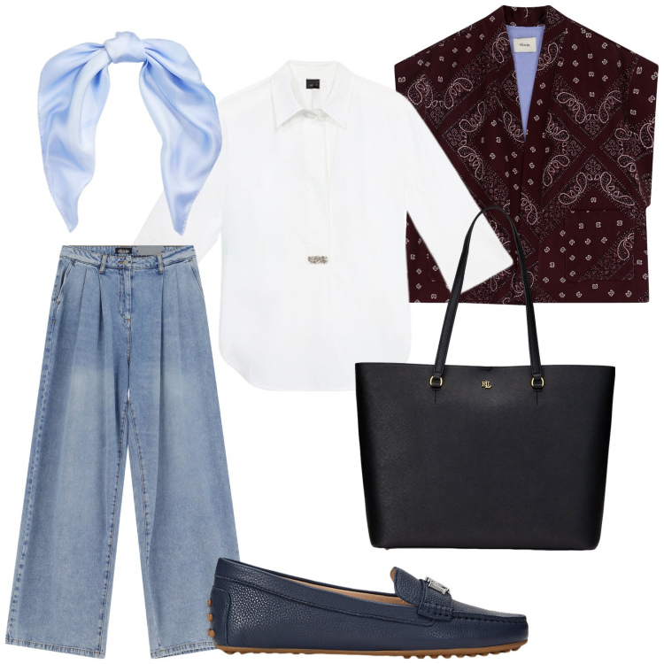 Outfit donna - Total look #2126270. Stile Casual chic per Tutti i giorni. Abbinamento con gilet, jeans, borse tote, mocassini, foulard, bluse.