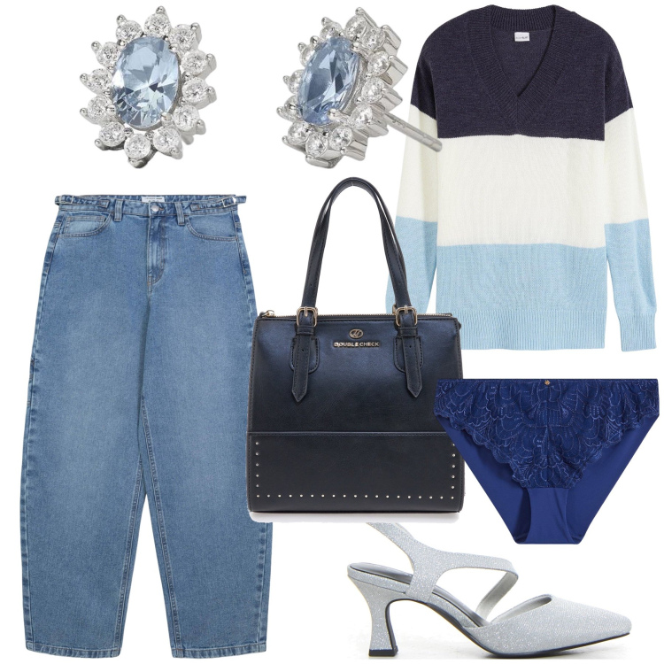 Outfit donna - Jeans balloon e maglia per l aperitivo. Stile Sporty chic per Serata fuori. Abbinamento con maglieria, culotte, jeans, orecchini, borse a mano, décolleté.