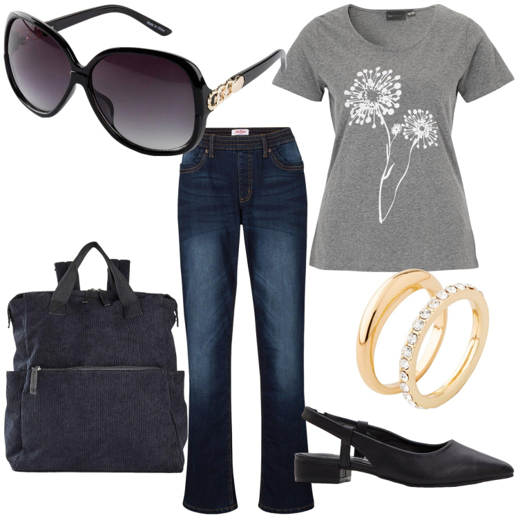 Outfit donna - Comodità in Bonprix. Stile Trendy per Tutti i giorni. Abbinamento con t-shirt, occhiali da sole, zaini, décolleté, jeans dritti, anelli.
