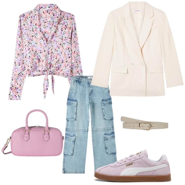Outfit donna - Think pink. Stile Casual per Tutti i giorni. Abbinamento con blazer, jeans, camicie, cinture, sneakers, borse a mano.