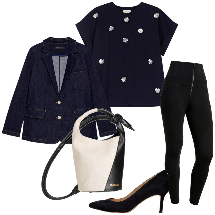 Outfit donna - Total look #2126277. Stile Casual chic per Serata fuori. Abbinamento con borse a secchiello, pantaloni skinny, t-shirt, décolleté, blazer.