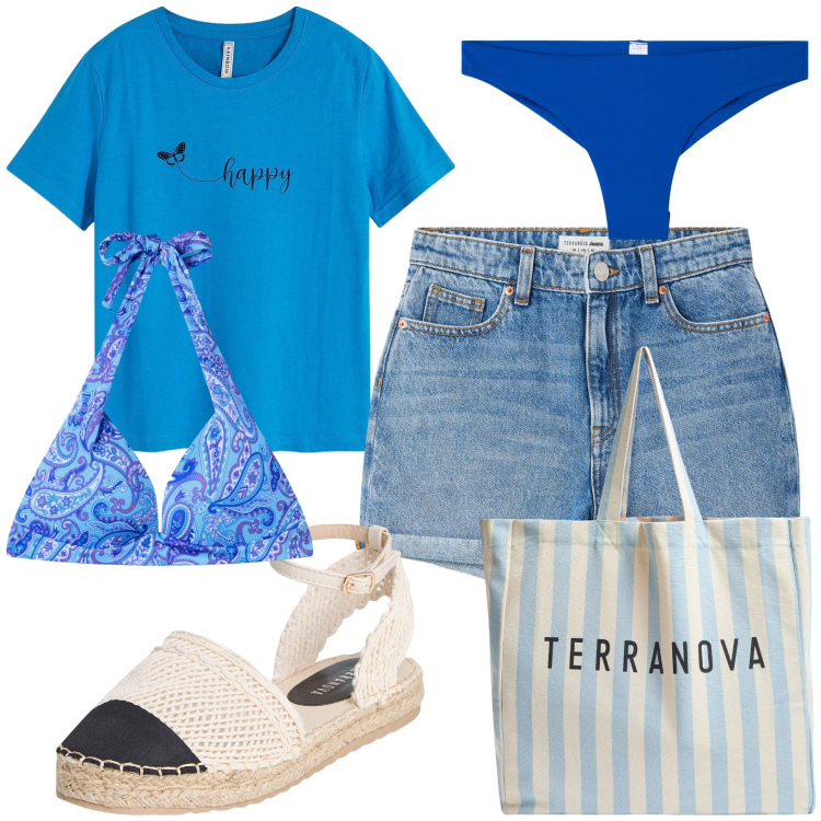 Outfit donna - Happy beach. Stile Trendy per Mare. Abbinamento con t-shirt, bikini, shorts, bikini, espadrillas, borse tote.
