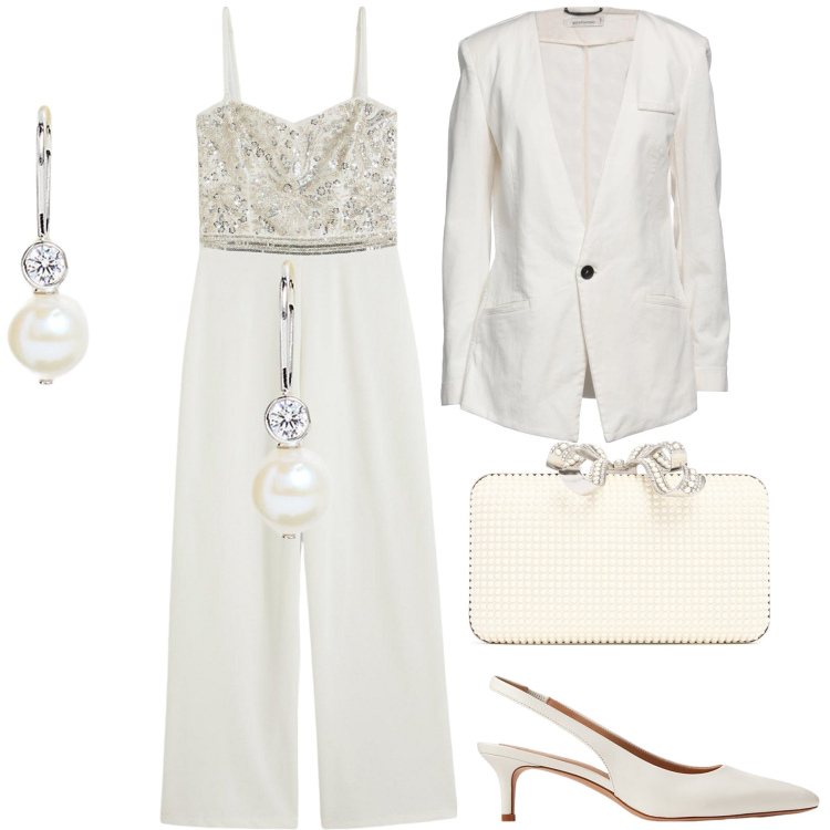 Outfit donna - Sposa in tuta. Stile Glamour per Cerimonia. Abbinamento con tute, blazer, orecchini, décolleté, pochette.