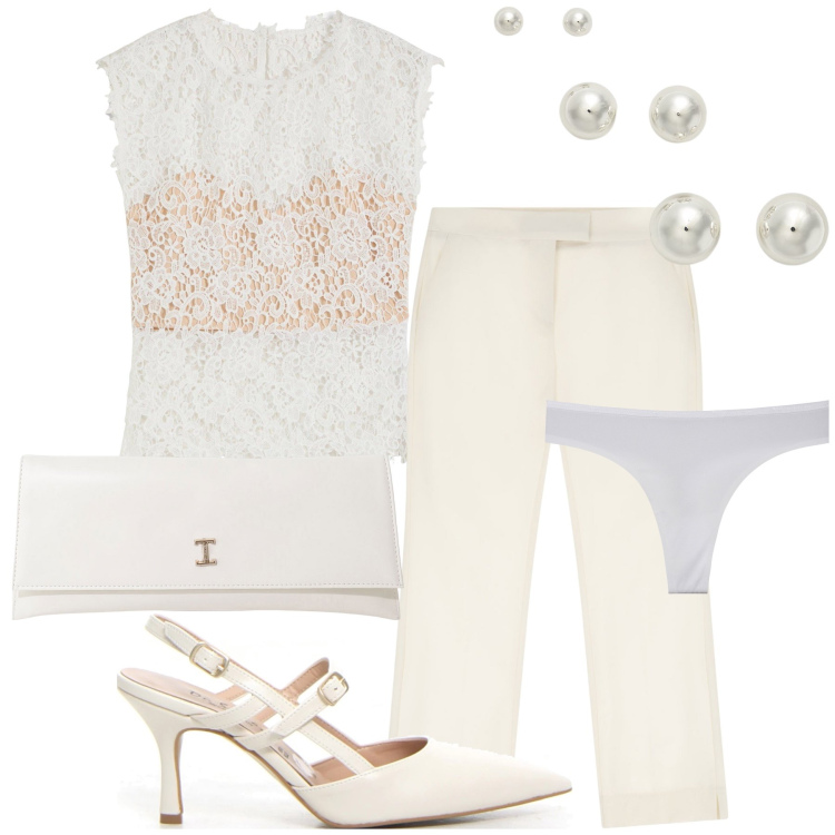 Outfit donna - Sposa in pantaloni. Stile Trendy per Cerimonia. Abbinamento con top, pantaloni corti, pochette, perizomi, orecchini, décolleté.
