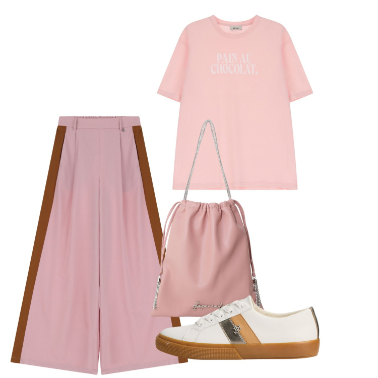 Outfit donna - Tonalità di rosa a maggio - @marystyle. Stile Basic per Tutti i giorni. Abbinamento con borse a secchiello, pantaloni, t-shirt, sneakers.