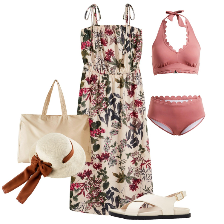 Outfit donna - bonprix - HOT SUMMER VIBES. Stile Romantica per Mare. Abbinamento con vestiti, sandali, bikini, cappelli, shopping bag.