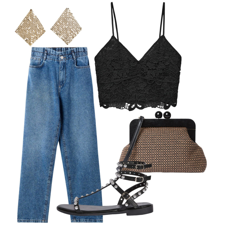 Outfit donna - Maggio. Stile Casual chic per Serata fuori. Abbinamento con orecchini, jeans, sandali, top, clutch.