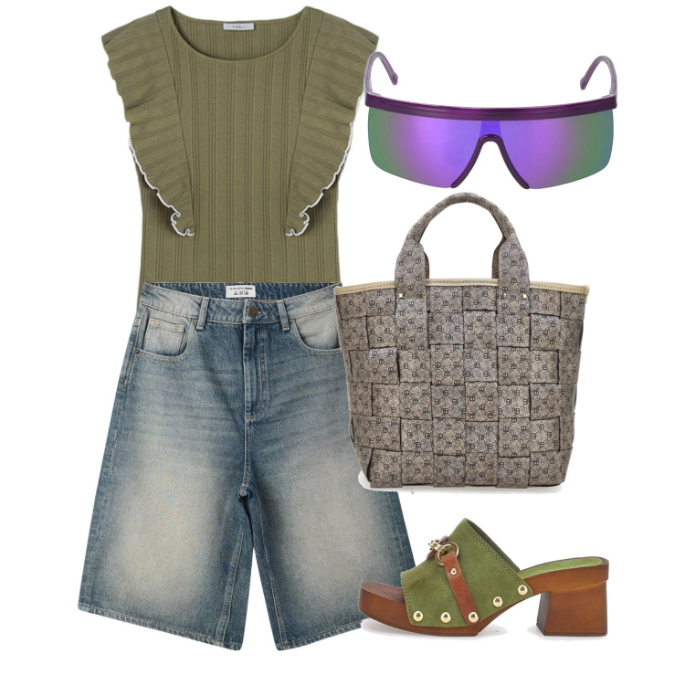 Outfit donna - Rue des fleurs. Stile Casual per Tutti i giorni. Abbinamento con bermuda, zoccoli, borse a mano, occhiali da sole, top.