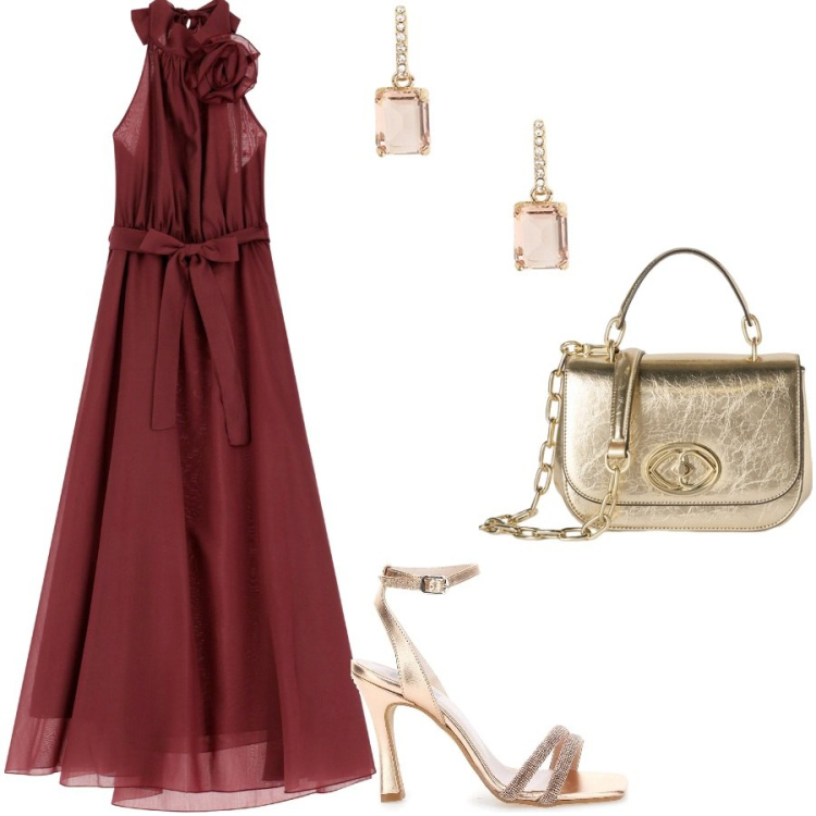 Outfit donna - Festa di compleanno in arrivo. Stile Romantica per Serata fuori. Abbinamento con vestiti lunghi, orecchini, sandali col tacco, borse a tracolla.