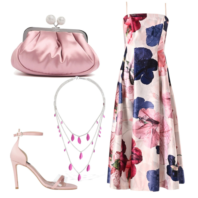 Outfit donna - Fleur a fleur. Stile Casual chic per Cerimonia. Abbinamento con sandali col tacco, vestiti midi/longuette, pochette, collane.