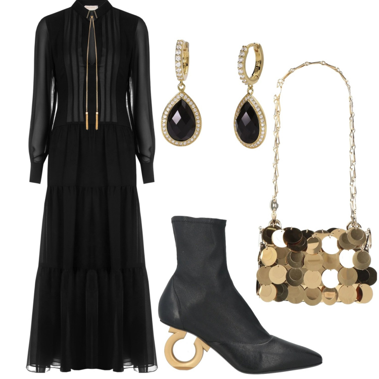 Outfit donna - Maxi Abito in Crepe Georgette. Stile Glamour per Cerimonia. Abbinamento con stivaletti, borse a spalla, orecchini, vestiti lunghi.