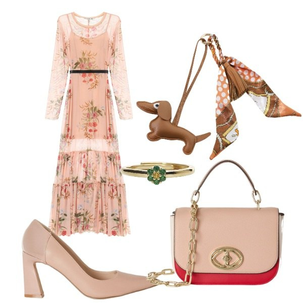 Outfit donna - l\'abito a fiori di maggio. Stile Romantica per Tutti i giorni. Abbinamento con anelli, vestiti lunghi, portachiavi, borse a tracolla, décolleté.