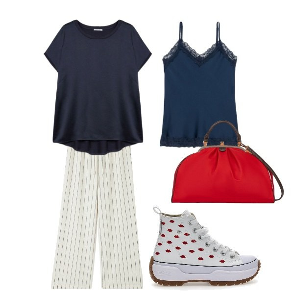 Outfit donna - al bacio. Stile Casual per Tutti i giorni. Abbinamento con pantaloni, t-shirt, sneakers, borse a spalla, top.