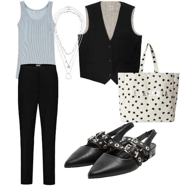 Outfit donna - il gilet in estate. Stile Mannish per Ufficio. Abbinamento con collane, sabot, borse tote, canottiere, gilet, pantaloni.