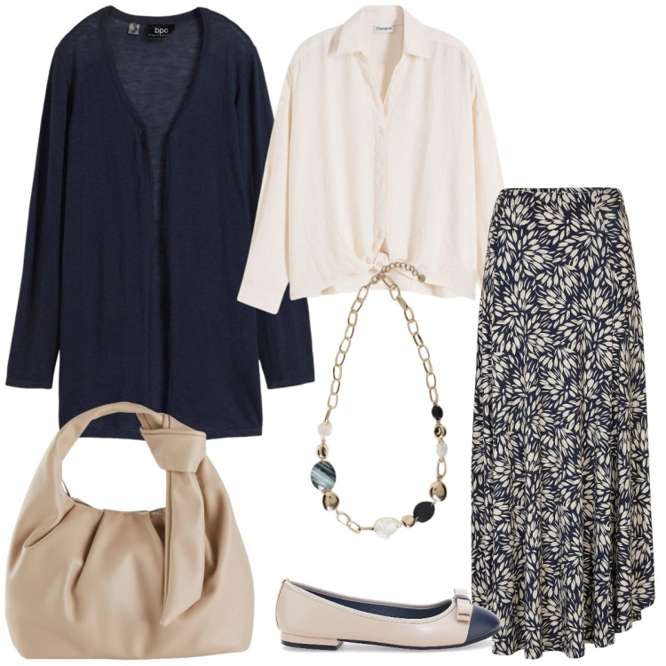 Outfit donna - La gonna chic. Stile Chic per Tutti i giorni. Abbinamento con cardigans, bluse, borse a mano, gonne, collane, ballerine.